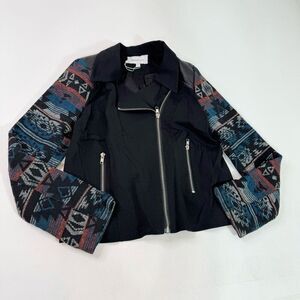 Daniel Rainn Moto Jacket Womens Small Aztec Black Full Zip Pockets Chevron boho
